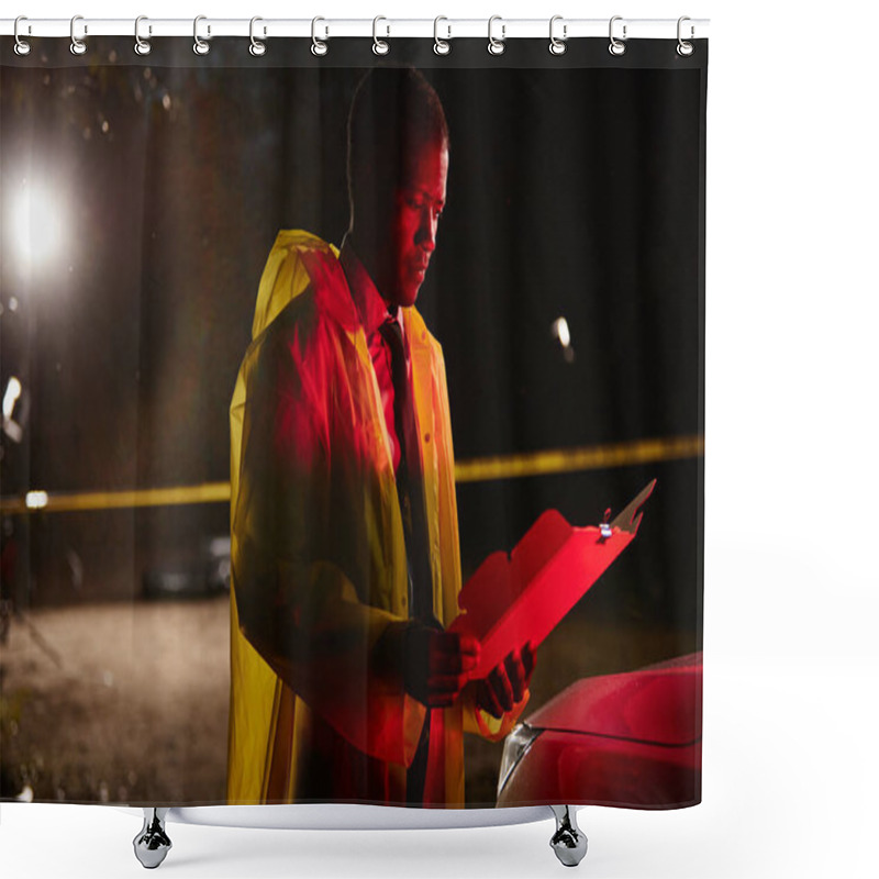 Personality  Side View Portrait Of African American Police Office Holding Folder And Reading Documents Outdoors At Crime Scene With Red Siren Lights, Copy Space Shower Curtains