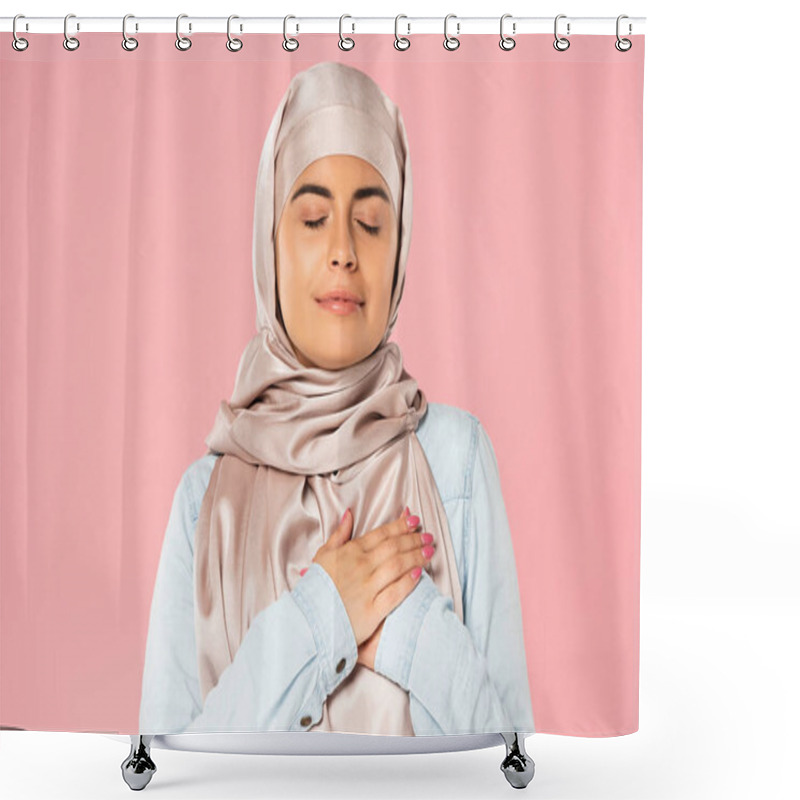 Personality  Dreamy Muslim Girl Holding Hands On Heart, Isolated On Pink Shower Curtains