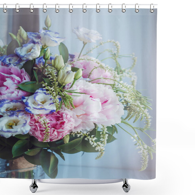 Personality  Beautiful Bouquet Of Pink Peonies, Roses, Eustoma Flowers In Vase On White Window Sill, Cream Color Background. Spring Or Summer Lovely . Fresh Floral, Home Decor. Pastel Colors Purple, Green. Place Shower Curtains