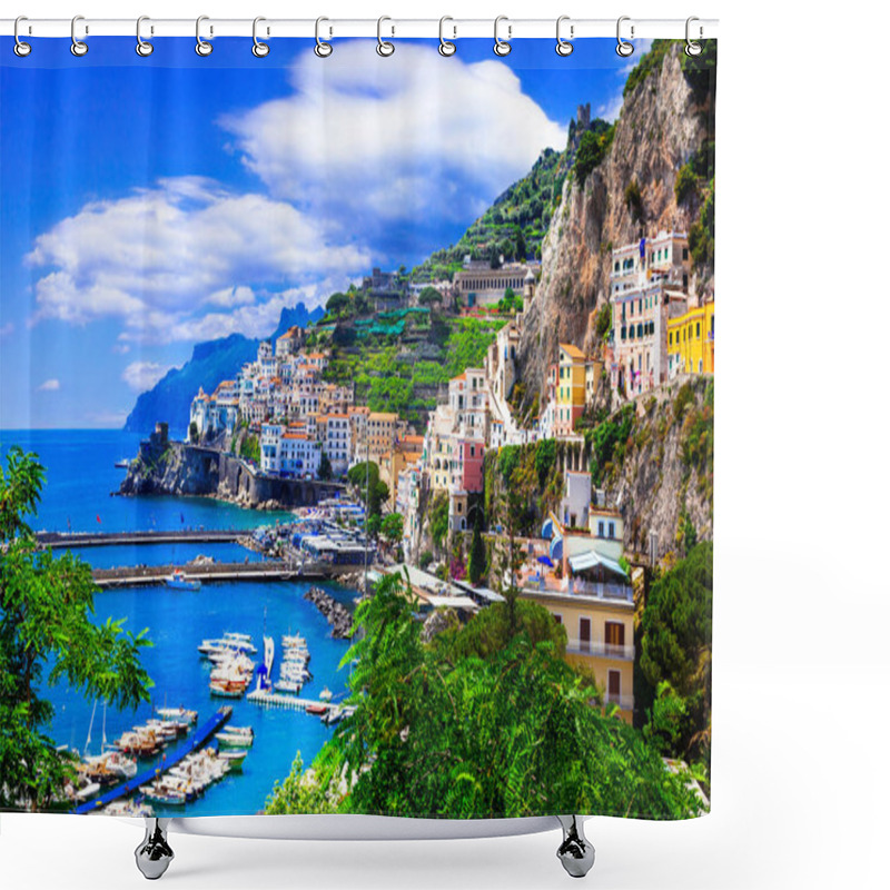 Personality  Beautiful Amalfi Village,view With Houses,mountains And Sea,Campania,Italy. Shower Curtains