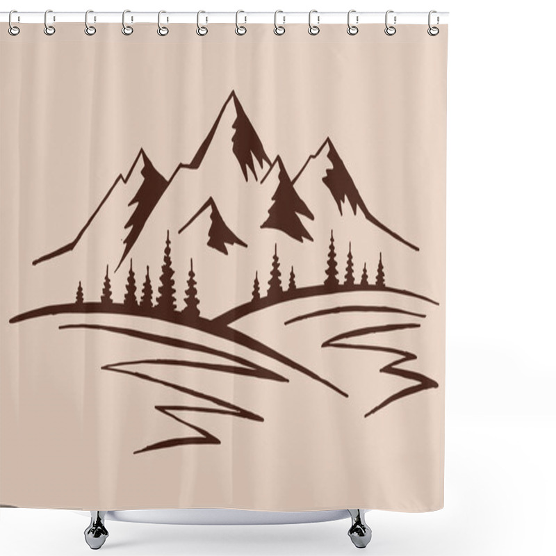 Personality  Mountain With Pine Trees And Landscape Black On White Background. Hand Drawn Rocky Peaks In Sketch Style. Vector Illustration. Shower Curtains