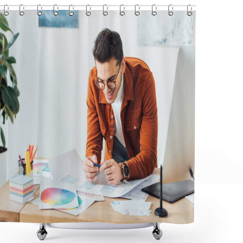 Personality  Cheerful Ux Designer Working With Website Wireframe Sketches And Layouts Near Computer Monitor And Graphics Tablet On Table Shower Curtains