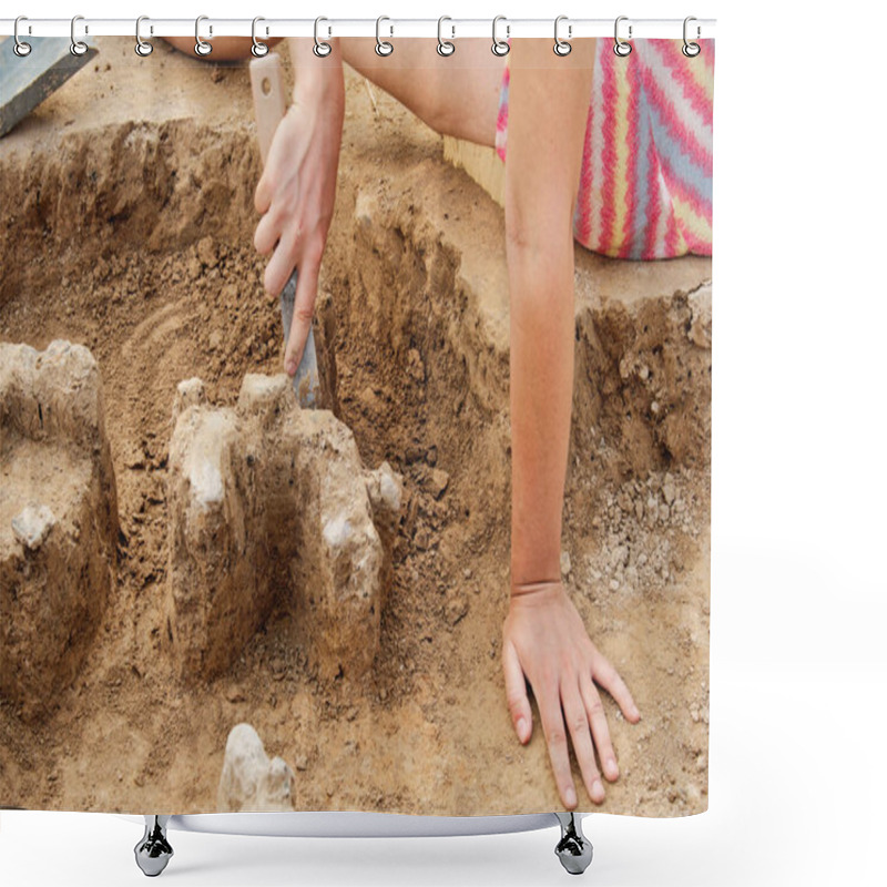 Personality  Archeological Tools, Archeologist Working On Site, Hand And Tool. Shower Curtains