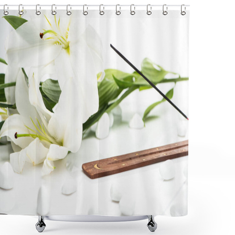 Personality  Aroma Stick On Wooden Stand Near Lilies On White Background Shower Curtains