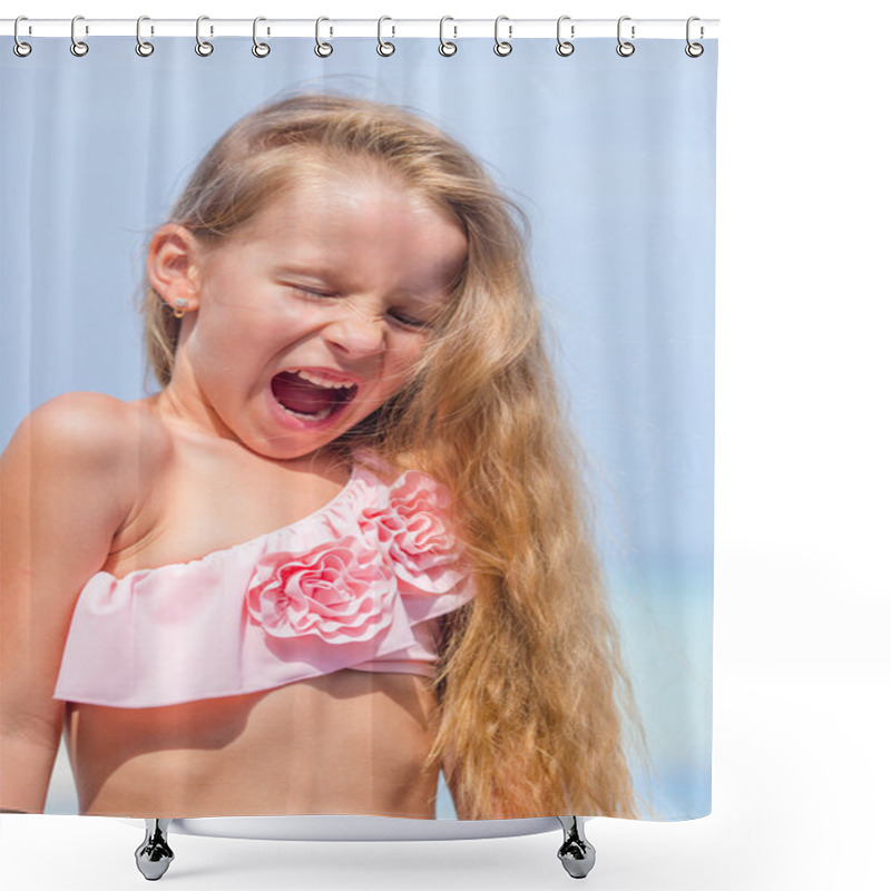 Personality  Little Adorable Girl Having Fun In Outdoor Swimming Pool Shower Curtains