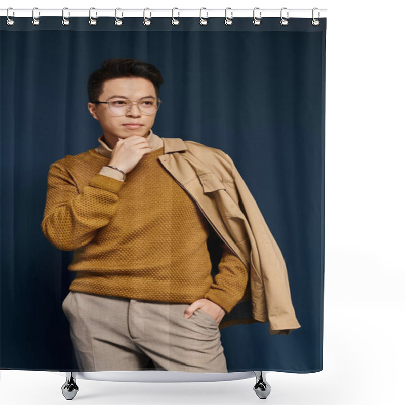 Personality  A Fashionable Young Man In A Brown Sweater And Glasses Strikes A Thoughtful Pose. Shower Curtains