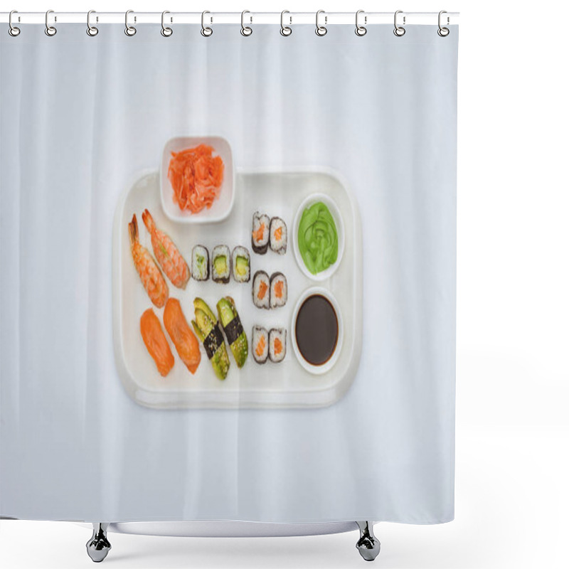 Personality  Top View Of Delicious Sushi Set With Soy Sauce, Ginger And Wasabi Isolated On White Shower Curtains