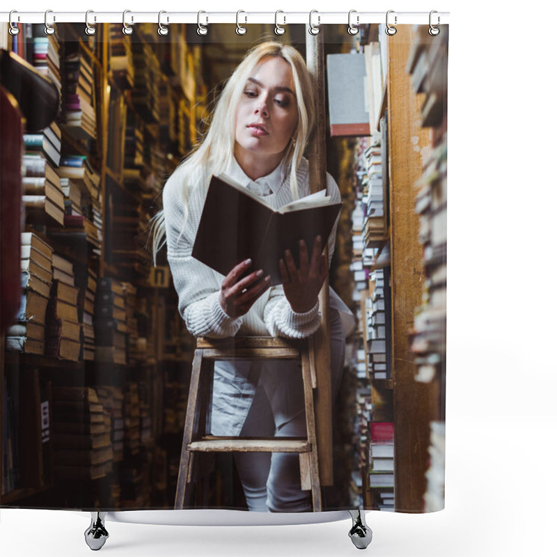 Personality  Blonde And Pretty Woman In White Sweater Reading Book In Library  Shower Curtains