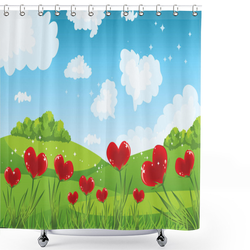 Personality  Heart Shaped Flowers With Grass And Sky Shower Curtains