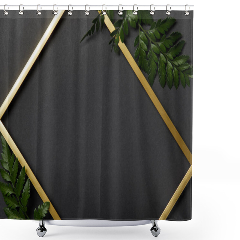 Personality  Top View Of Empty Golden Frame On Black Background With Copy Space And Fern Leaves Shower Curtains