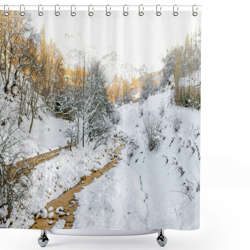 Personality  Winter Snowy Mountain Landscape In Uzbekistan. Chimgan Mountain In The Distance, Illuminated By The Sun. Chimgansay River Shower Curtains