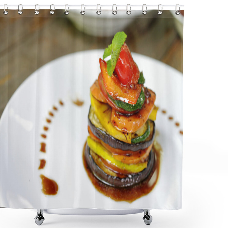 Personality  Vegetarian Food On White Dish Shower Curtains