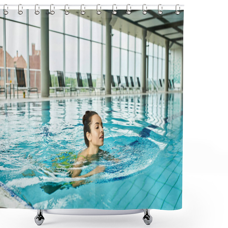 Personality  A Young Brunette Woman In A Swimsuit Gracefully Swimming In A Large Indoor Swimming Pool. Shower Curtains