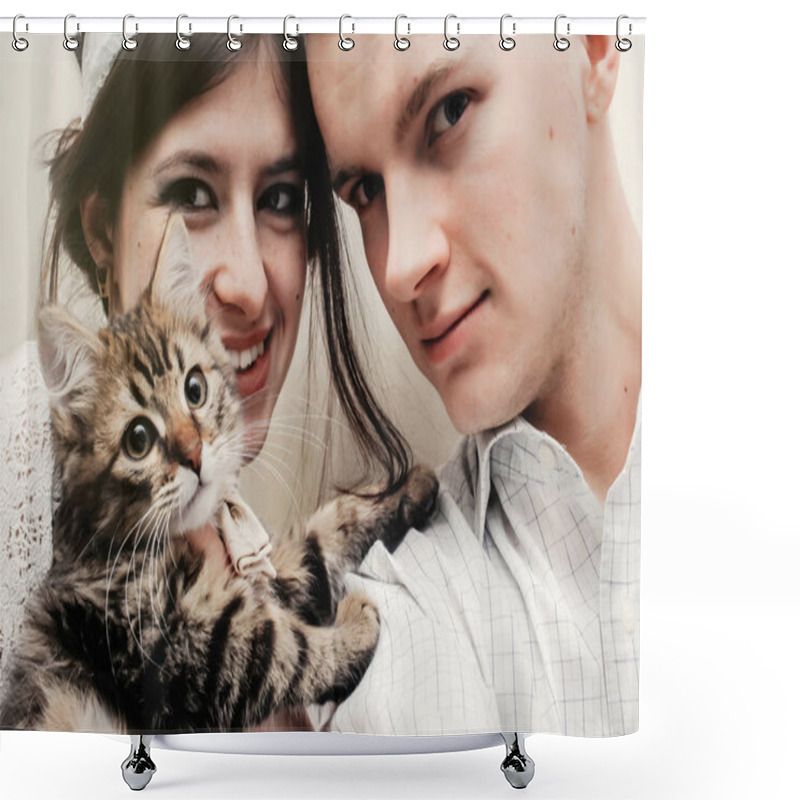 Personality  Beautiful Couple With Cute Funny Kitten  Shower Curtains