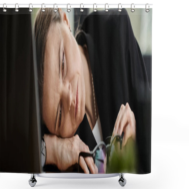 Personality  Middle-aged Woman Laying On Desk, Head On Laptop, Overwhelmed And Stressed. Shower Curtains