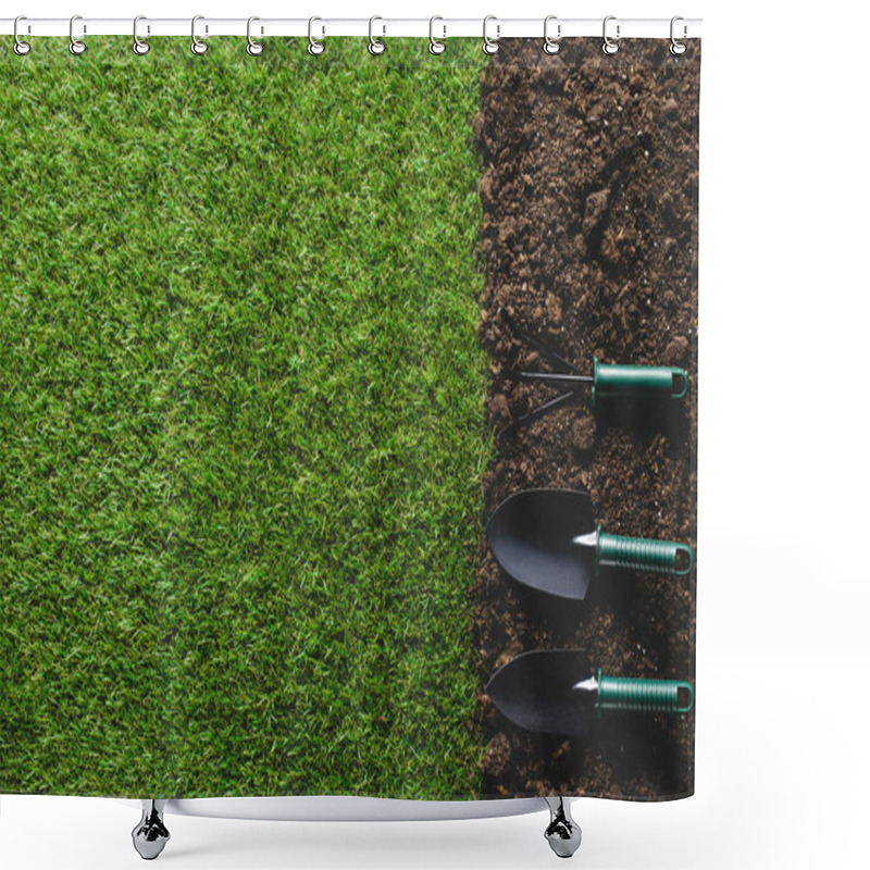 Personality  Top View Of Grass And Arranged Gardening Tools On Soil  Shower Curtains