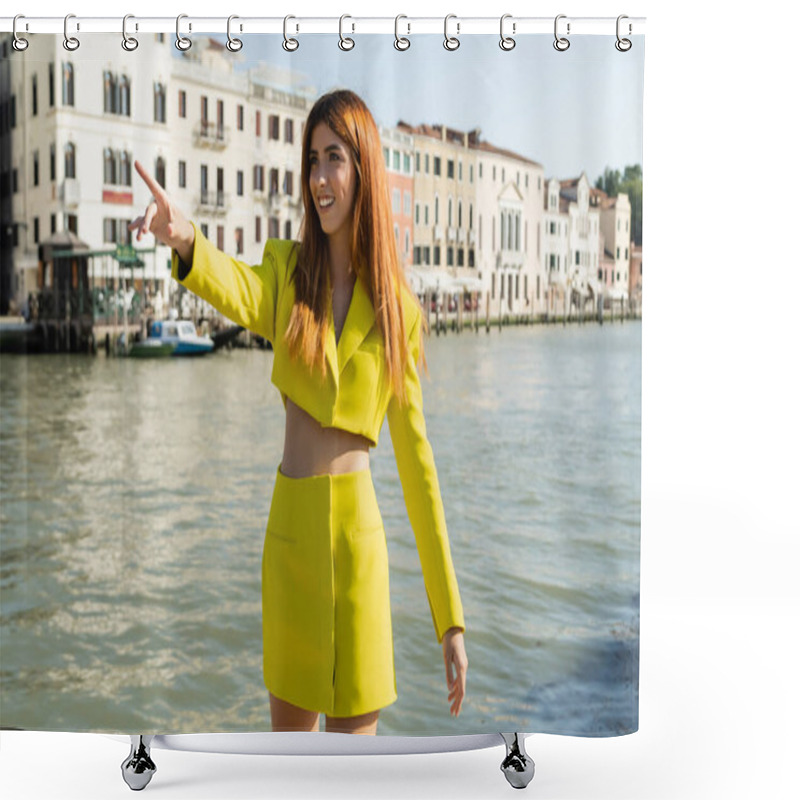 Personality  Happy Woman In Yellow Stylish Suit Pointing With Finger Near Grand Canal In Venice Shower Curtains