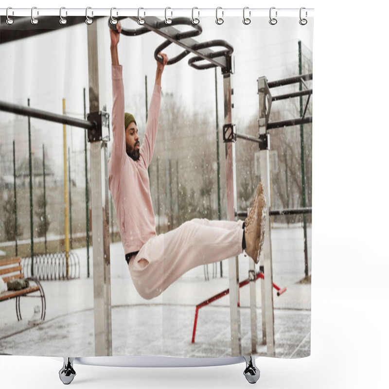 Personality  Young African American Athlete Training On Crossbar Outdoors Shower Curtains