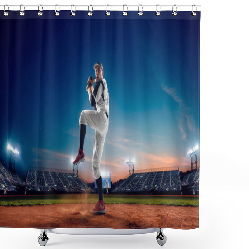 Personality  Baseball Player At Professional Baseball Stadium In Evening Duri Shower Curtains