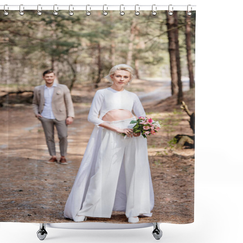 Personality  Full Length View Of Bride With Bouquet Of Flowers And Bridegroom In Forest Shower Curtains