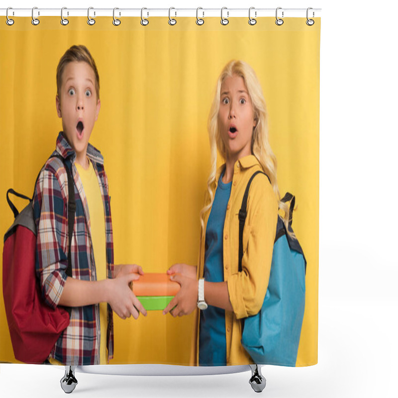 Personality  Shocked Schoolkids Holding Books And Looking At Camera On Yellow Background  Shower Curtains