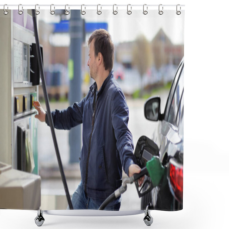 Personality  Portrait Of Middle Age Man Filling Gasoline Fuel In Car Shower Curtains