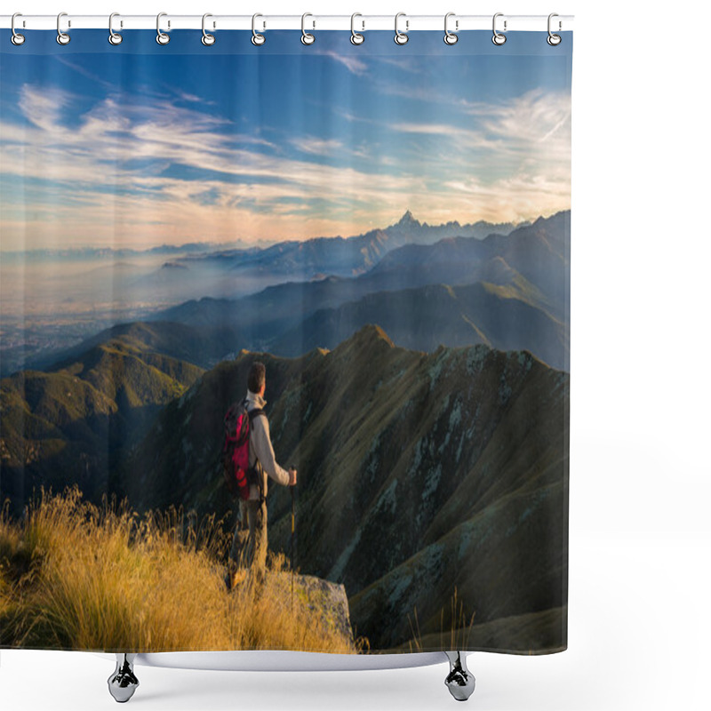 Personality  Hiker Resting On The Mountain Top Shower Curtains