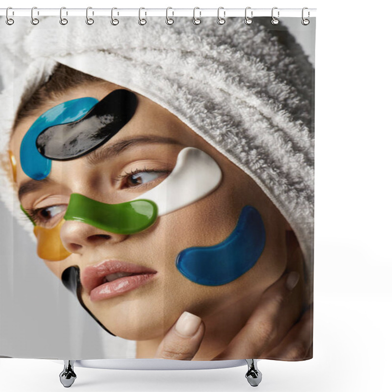 Personality  A Woman With A Towel On Her Head And With Eye Patches On Her Face, Showcasing A Serene And Transformative Beauty Routine. Shower Curtains