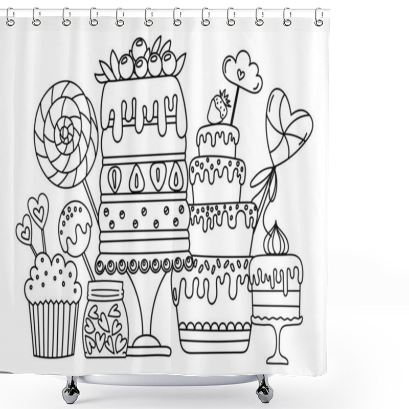 Personality  Coloring Page - Sweet Illustration With Lots Of Treats Like Cakes And Candies, A Coloring Book For Children Shower Curtains