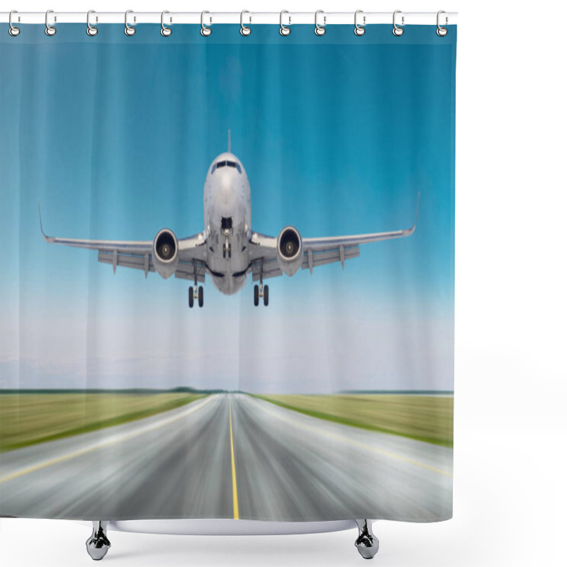 Personality  Airplane Aircraft Flying Departure After Flight, Landing Speed Motion On A Runway In The Good Weather Clear Sky Day. Shower Curtains