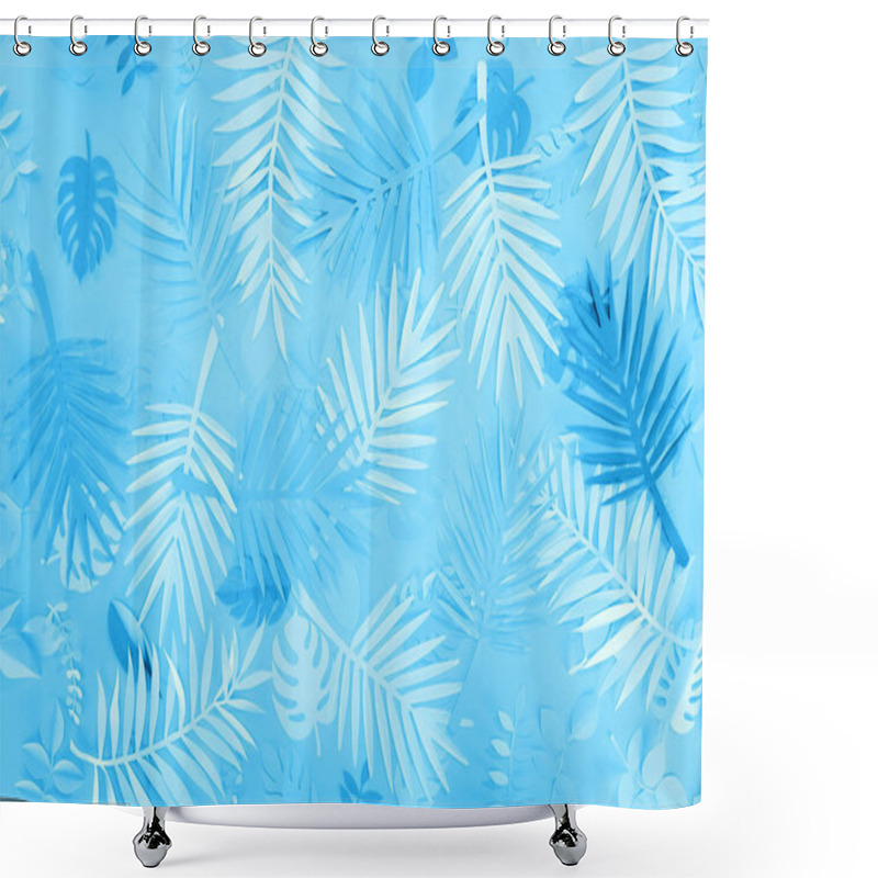 Personality  Top View Of Exotic Paper Leaves On Blue Minimalistic Background Shower Curtains