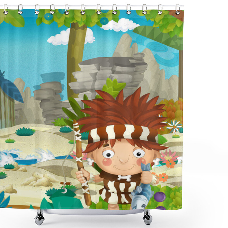 Personality  Cartoon Nature Scene With Caveman - Jungle - Stone Age Family - With Funny Manga Boy - Happy Illustration For Children Shower Curtains