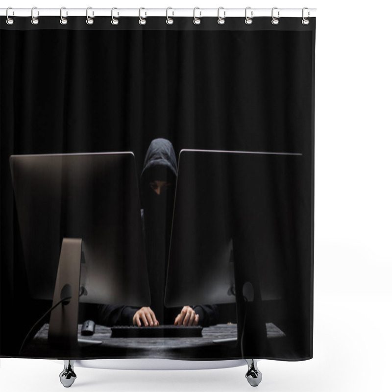 Personality  Hooded Hacker In Mask Sitting Near Computer Monitors Isolated On Black  Shower Curtains