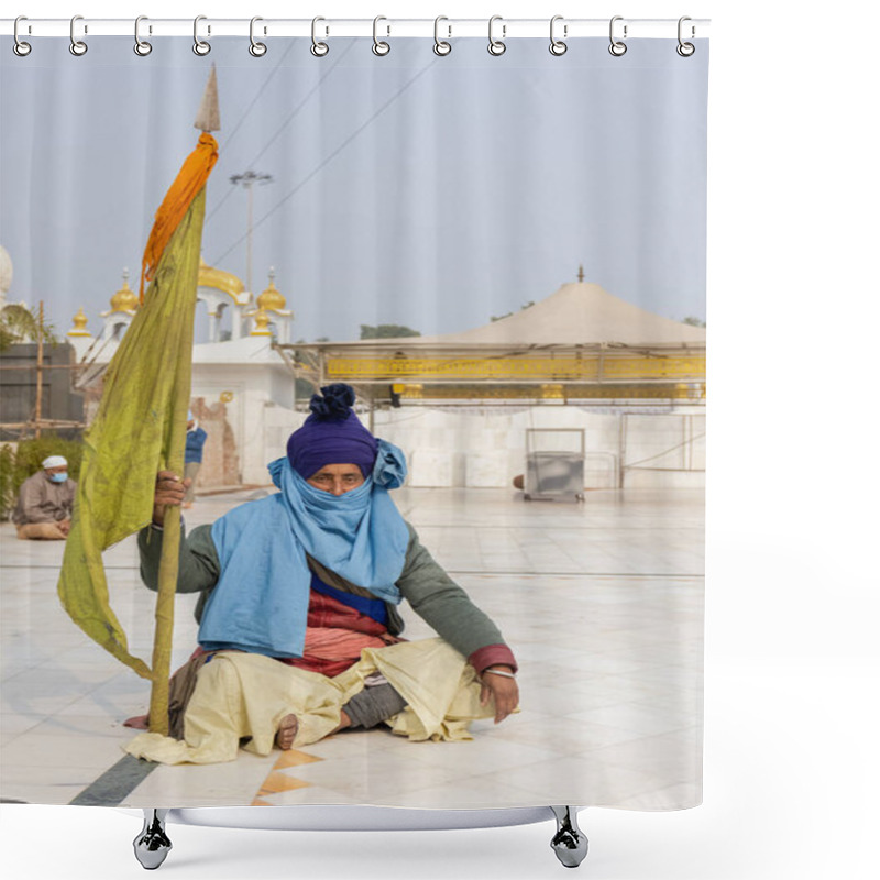 Personality  NEW DELHI, INDIA - JANUARY 2021 : Portrait Of Sikh Man Sitting Inside The Complex Of Gurdwara Bangla Sahib. Gurdwara Bangla Sahib Is Pilgrim For Sikh People. Shower Curtains