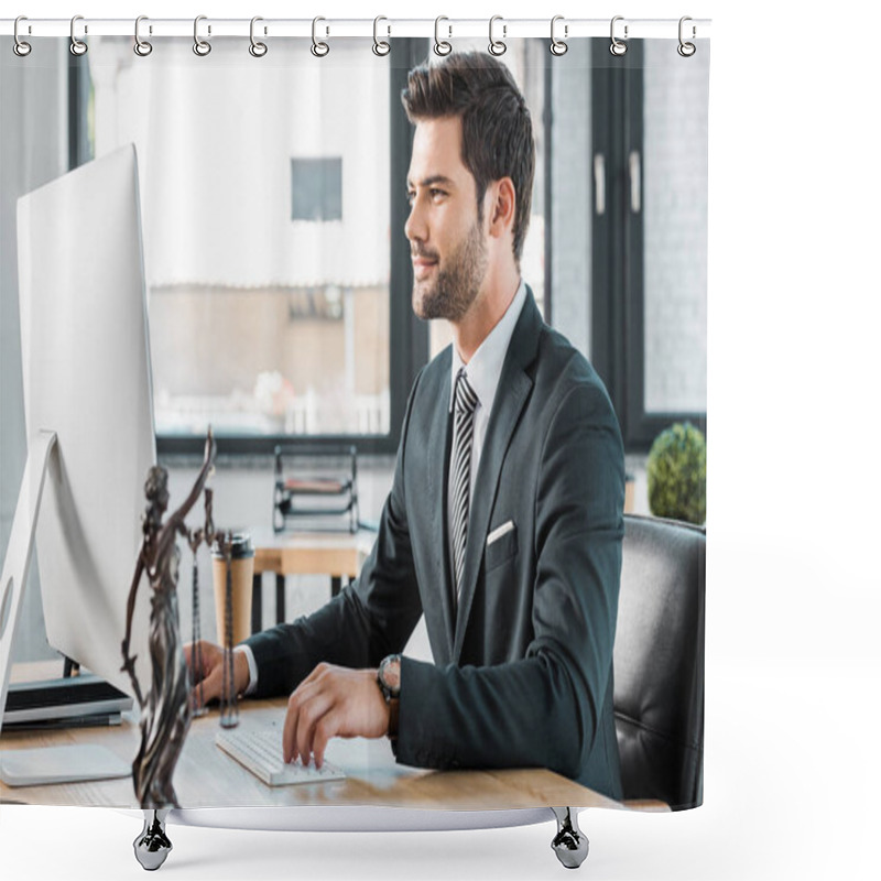 Personality  Handsome Lawyer Working With Computer At Table In Office, Themis Statue On Tabletop Shower Curtains