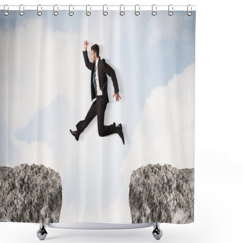 Personality  Funny Business Man Jumping Over Rocks With Gap Shower Curtains