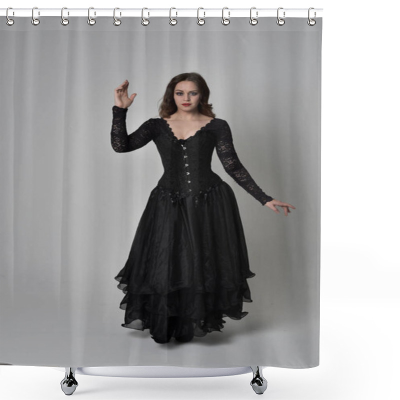 Personality  Full Length Portrait Of Brunette Girl Wearing Long Black Lace Gown Wit Corset. Standing Pose, Isolated On Grey Studio Background. Shower Curtains