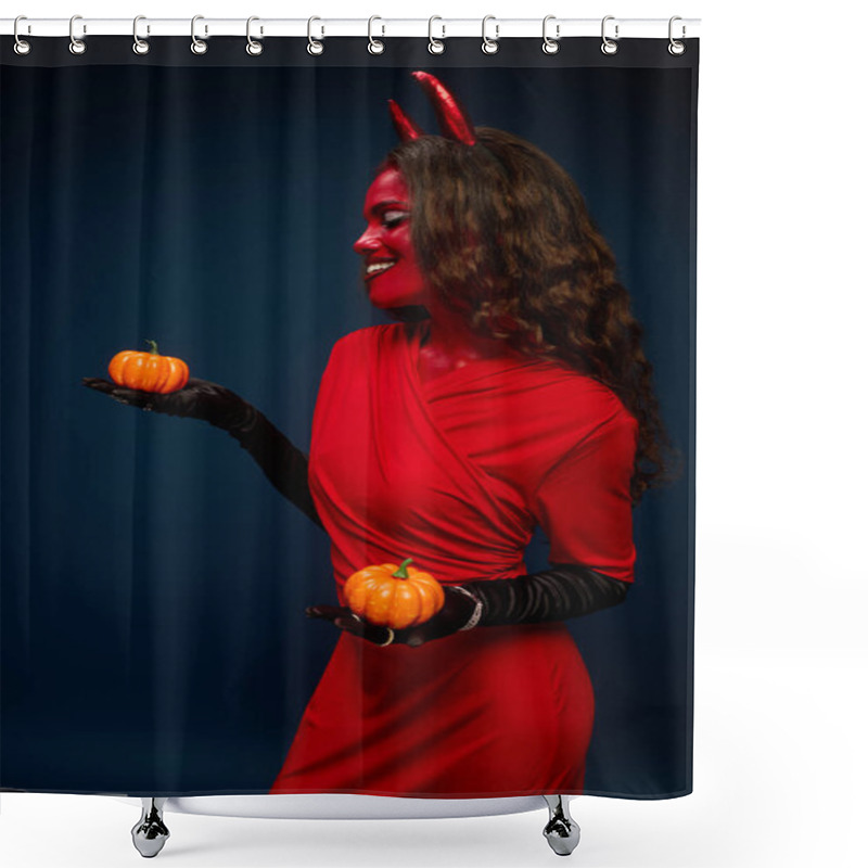 Personality  The Beautiful Woman Dressed As A Devil Joyfully Presents Pumpkins, Celebrating Halloween Spirit. Shower Curtains