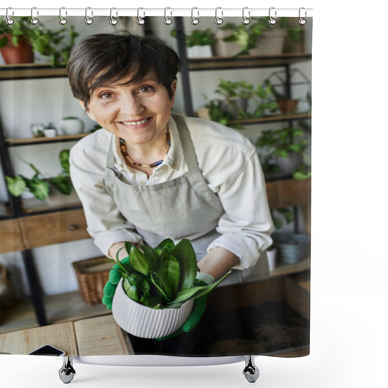 Personality  A Mature Woman Lovingly Cares For Her Vibrant Plants In Her Cozy Studio. Shower Curtains