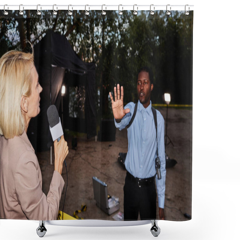 Personality  Over Shoulder View Of Female Reporter Speaking To Microphone At Crime Scene With Police Officer Stopping Cameras, Shot With Flash, Copy Space Shower Curtains