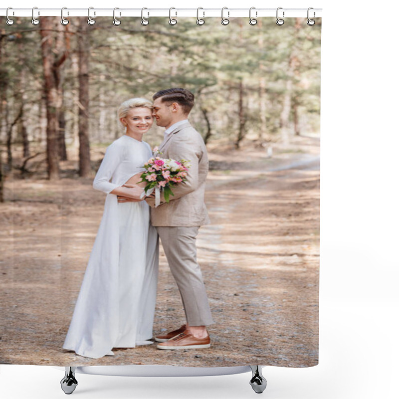 Personality  Full Length View Of Just Married Couple Embracing In Forest Shower Curtains