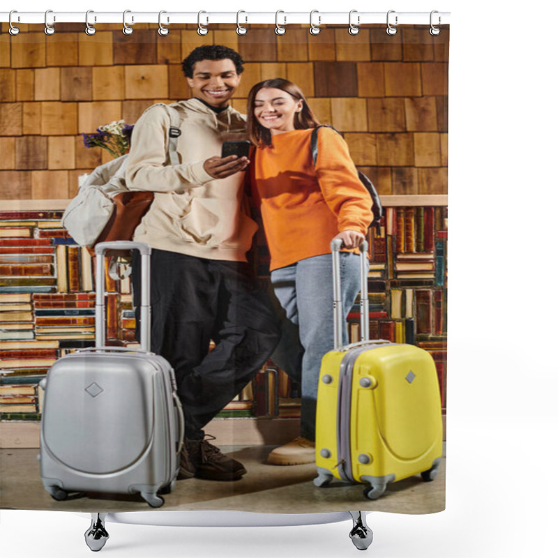 Personality  Diverse Happy Couple Sharing Moment Of Joy As They Looking At Smartphone In Hostel, Ready For Trip Shower Curtains