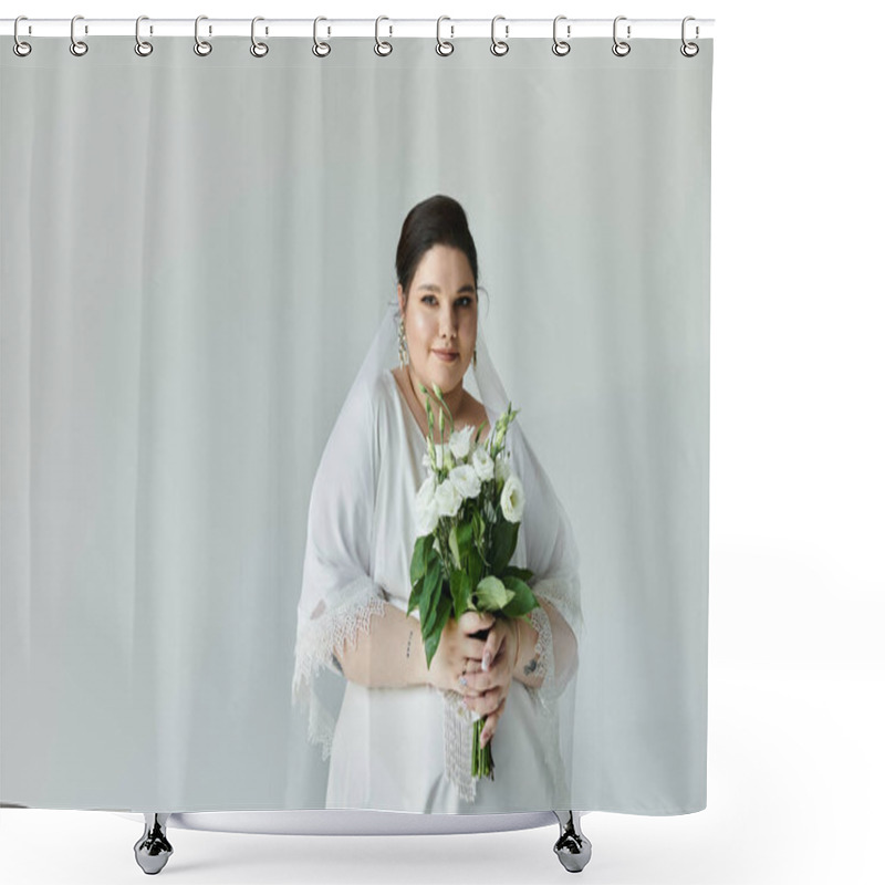 Personality  A Beautiful Bride Holds A Bouquet, Radiating Joy In Her Flowing White Gown Against A Soft Grey Background. Shower Curtains