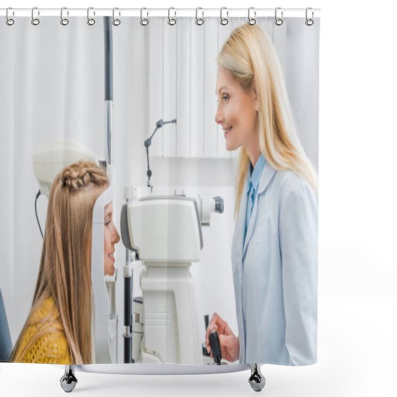 Personality  Professional Female Optometrist Examining Patient Through Slit Lamp In Clinic Shower Curtains