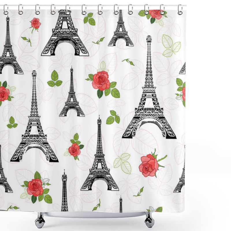 Personality  Vector Black Red Eifel Tower Paris And Roses Flowers Seamless Repeat Pattern Surrounded By St Valentines Day Hearts Of Love. Perfect For Travel Themed Postcards, Greeting Cards, Wedding Invitations. Shower Curtains