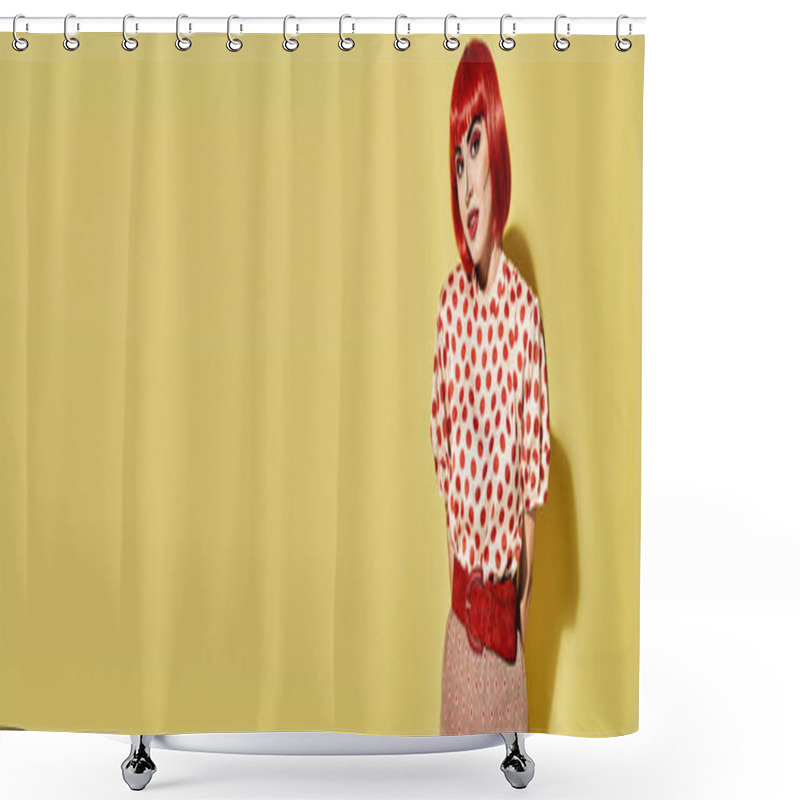 Personality  A Vibrant Redhead With Pop Art Makeup Dons A Polka Dot Shirt, Embodying A Comic Book Character On A Bright Yellow Backdrop. Shower Curtains