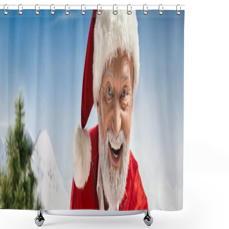 Personality  Cheerful Santa In Hat Smiling Happily At Camera With Mountain Backdrop, Winter Concept, Banner Shower Curtains