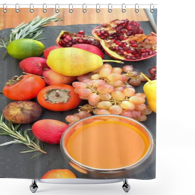 Personality  Eco-friendly Spread Of Fresh Fruits Highlights Natural Nutrition And Balance. Organic Citrus, Ripe Fruits, Fresh Tones, Vibrant Colors, Juicy Freshness Create Refreshing Eco-inspired Wellness Setup. Shower Curtains