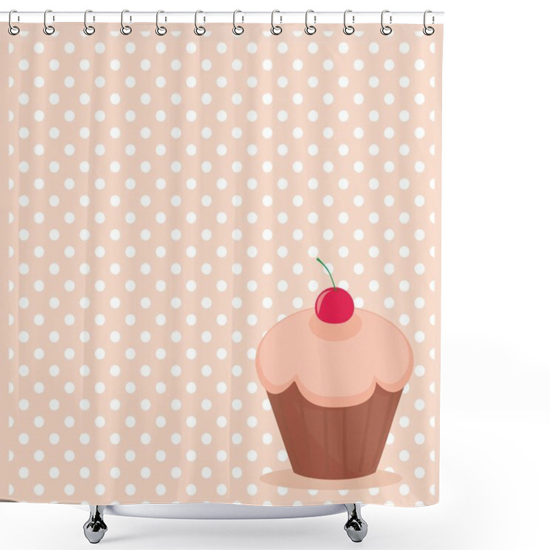 Personality  Cherry Vector Cupcake On White Polka Dots Pink Background Shower Curtains