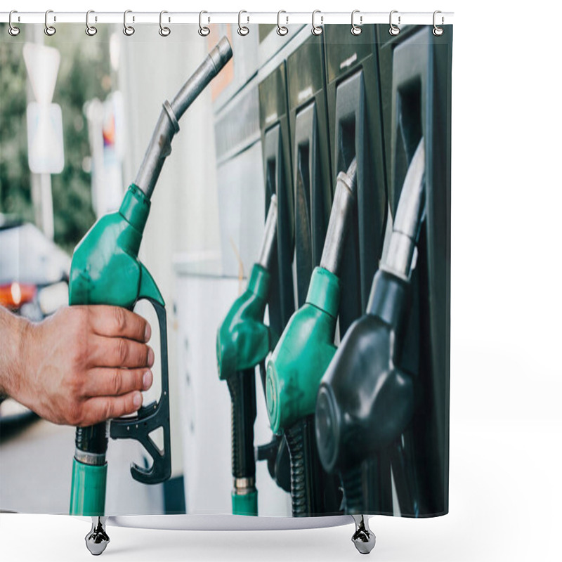 Personality  Cropped View Of Man Holding Fueling Nozzle On Gas Station On Urban Street Shower Curtains